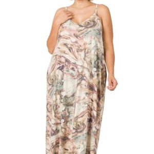 Pink Marbled Soft French Terry Cami Maxi Dress with Pockets 2X